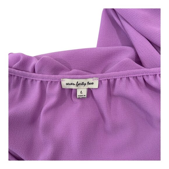 Seven Forty two Women Purple Ruffle Tie-Neck Blouse SZ Large 3/4 Puff Sleeves - Picture 4 of 10